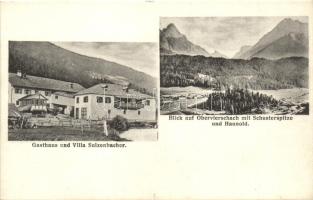 Vierschach, Versciaco (Südtirol); Gasthaus und Villa Sulzenbacher, Blick auf Obervierschach mit Schusterspitze und Haunold / guest house, villa, view to the upper town and mountains, J. Werth