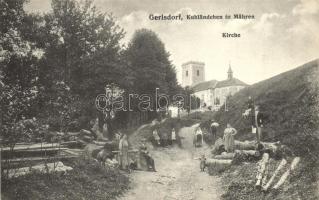 Jerlochovice, Gerlsdorf (Fulnek); Kuhländchen in Mähren, Kirche / church, saw mill, piles of wood (EK)