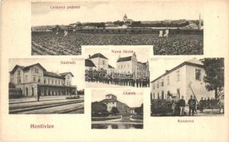 Hostivice, Celkovy pohled, Nadrazi, Nova skola, Zámek, Kasarna / general view, railway station, the new school, castle, military barracks with soldiers (EK)