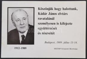 1989 Kádár János ravatalánál kondoleáló részére emléklap