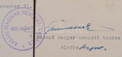 1938 Kassai Nemzeti Tanács igazoló okmány magyar személy magatartásáról a cseh megszállás alatt. Szé...