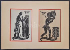 cca 1930 Jelzés nélkül: Könyvnyomda, üzleti könyvgyár két fametszet paszpartuban 31x22 cm