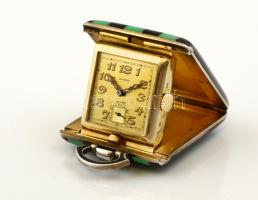 Juvena aranyozott ezüst(Ag) art deco utazóóra, zománc díszítéssel, jelzett, nem működik, méret: 3,5x3,5 cm