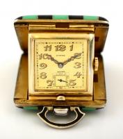 Juvena aranyozott ezüst(Ag) art deco utazóóra, zománc díszítéssel, jelzett, nem működik, méret: 3,5x...