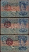 1913. 20K (9x) klf ellenbélyegzőkkel, benne piros "Magyarország" (3x), "Deutschösterreich" (2x), magyar nyelvű (3x), román (1x) T:III/IV