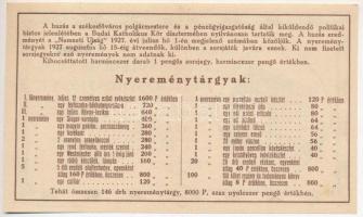 Budapest 1927. "A Budai Katholikus Kör Pengősorsjegye" 1P értékű sorsjegye a Köri Székeshá...