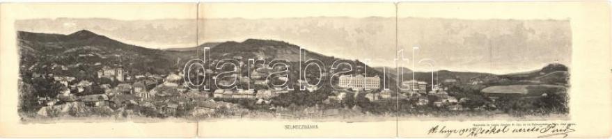 Selmecbánya, Banska Stiavnica; Látkép, kiadja Joerges Á. özvegye, háromlapos panorámalap / general view, 3-tile panoramacard (r)