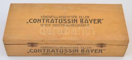 Contratussin Bayer, gyógyszerreklámos fadoboz, kissé viseltes állapotban, a fém kapcsok nem jól záródnak, 40x17x9 cm.