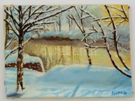 Penyigey jelzéssel: Téli folyópart. Olaj, vászon, 25×34 cm