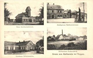 Opava, Katharein bei Troppau, Troppau; Neue Gerätschaftshalle, Stadtgrenze Ratiborerstrasse, Gasthaus Wilhelmshöhe, Kathareiner Zuckerfabrik, Verlag Alex Reichel / New machine shaft hall, city borders, street, guest house, inn, sugar factory (EK)