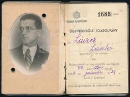 1935 Ügyvédjelölt igazolványa, fotóval, a Budapesti Ügyvédi Kamara pecsétjével, 1 pengős okmánybélye...