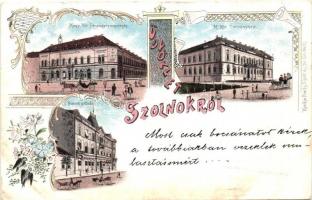 1899 Szolnok, Pénzügyigazgatóság, Törvényház, Nemzeti szálloda, Fuchs Lipót floral litho (EK)