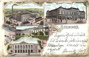 1899 Szolnok, Hungária gőzmalom, Városház, Kaszárnya, Megyeszékház, Fuchs Lipót floral litho (EK)