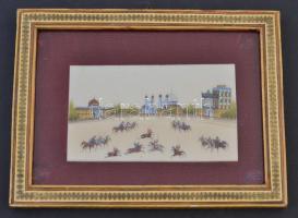 H. Ali Sajjadi (?-?): A Naqsh-e jahân tér látképe, Iszfahán, jelenetes iráni miniatúra, csont, hátoldalán jelzett, üvegezett préselt csont-fa keretben, 7×12 cm /  H. Ali Sajjadi (?-?): The View of the Naqsh-e jahan Square, Esfahan, Iranian miniature on bone, signed at its back, in glassed wooden-bone frame, 7×12 cm