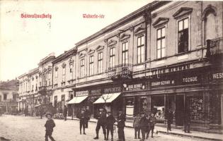 Sátoraljaújhely, Wekerle tér, Szegő Sándor, Wellesz József, Barna Dezső üzletei, Rude Bernát órás és ékszerész, Teich Herman dohánytőzsde, Lőwy Adolf kiadása (EK)