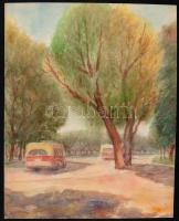 Sostarics Lajos (1896-1968): Autóbuszok akvarell, papír, jelzés nélkül, 28x22 cm