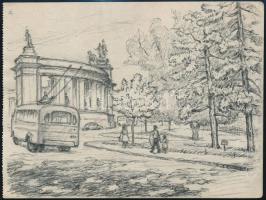 Sostarics Lajos (1896-1968): Trollibusz a Városligetnél. Ceruza, papír, jelzett 14x18 cm