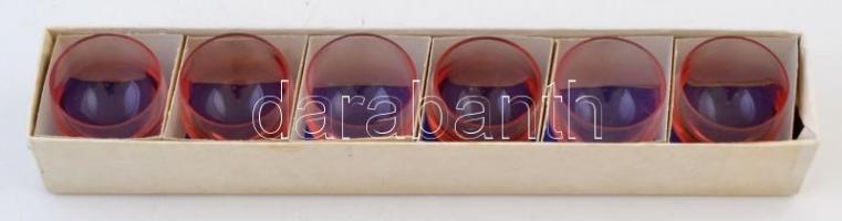 Moser rózsaszín üveg pálinkás poharak, hibátlanok, 6 db, eredeti dobozában, m: 4,5 cm, d: 5 cm