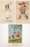 20 db RÉGI motívumlap, gyerek, üdvözlőlapok, humoros, köztük több darab John Wills aláírásával, vegyes minőség / 20 pre-1945 motive cards, children, greeting cards, humorous; among them some with the signature of John Wills, mixed quality