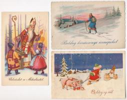 3 db RÉGI motívum képeslap, karácsonyi üdvözlőlapok, Mikulás, litho / 3 pre-1945 motive cards, Christmas greeting cards, Saint Nicholas, litho