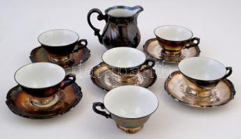 Dekor Bavaria Feinsilber hiányos porcelán teáskészlet (6 csésze. 5 alj, 1 kiöntő), jelzett, kopás nyomokkal, csésze: 3.5x4 cm, alj: 10.5 cm, kiöntő: m: 8 cm.
