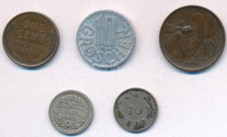 Vegyes: Dánia 1905. 10o Ag "IX. Keresztély" + Amerikai Egyesült Államok 1c Br "Lincoln" + Hollandia 1918. 10c Ag "I. Vilma" + Olaszország 1924R 10c Cu "II. Viktor Emánuel" + Ausztria 1964. 10gr Al T:2,2- kis patina, kis ph. Mixed: Denmark 1905. 10 Ore Ag "Christian IX" + USA 1 Cent Br "Lincoln" + Netherlands 1918. 10 Cents Ag "Wilhelmina I" + Italy 1924R 10 Centesimi Cu "Vittorio Emanuele II" + Austria 1964. 10 Groschen Al C:XF,VF small patina, small edge error Krause KM#795.2, KM#132, KM#145, KM#60, KM#2878