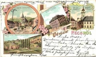 1899 Pécs, Széchenyi tér, Baranya megyei árvaház, Fő utca, Tettye és várrom, floral, litho (vágott / cut)