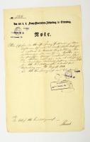 1856 Soproni pénzügyi-ügyészség feljegyzése, német nyelven, későbbi rábélyegzésekkel.