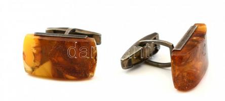 cca 1900 Borostyán-ezüst mandzsetta pár, jelzett / Amber and silver cuffs