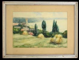 Lampért András (1911-1971): Balaton. Akvarell, papír, jelzett, üvegezett keretben, 27×43 cm