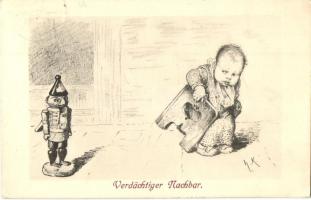 Verdächtiger Nachbar / child, Kunstverlag Hermann A. Peters, Bonn s: Prof. Hermann Kaulbach
