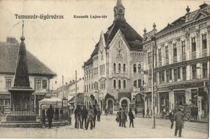 Temesvár, Timisoara; Gyárváros, Kossuth Lajos tér, Csendes és Fischer, Steingaszner Ferenc és Weisz Sándor üzlete, Korona bank, hitelbank, bútor raktár, Gerő Manó kiadása / square, shops, bank