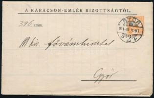 1911 A Karácson Imre-emlékoszlop Bizottság gyűjtői íve, okmánybélyeggel