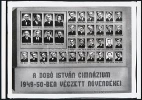 1950 Eger, Dobó István Gimnázium tanári kara és végzett növendékei, kistabló 37 nevesített portréval, Gráf fényképész műtermében készült üveglemez negatív mai nagyítása, 18x25 cm