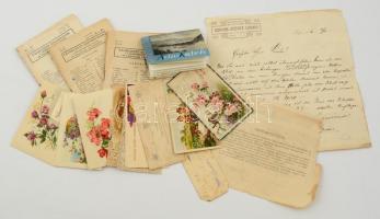 cca 1920-1940 papírrégiség tétel, üdvözlő kártyák, dalszöveg füzetek, két okmány