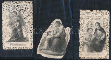 cca 1900 6 db csipkés szentkép, kis hibákkal, 9x6 cm és 11,5x7 cm közti méretben
