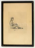 Carl Josef Bauer (1895?-1989?): Ülő akt. Rézkarc, papír, jelzett, üvegezett keretben, 16×15 cm
