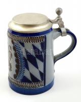 Alumínium fedeles sörös korsó, festett  kerámia, jelzett, hibátlan, m:15 cm