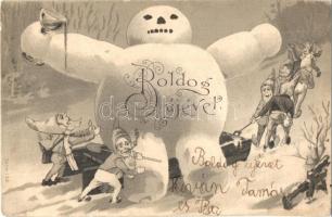 Boldog Újévet! / New Year, snowman with dwarves (ázott / wet damage)