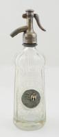 Ipartestület - Újkécske feliratú szódásüveg, irredenta rátéttel, jelzett fejjel, az alján kis csorbákkal, m: 30,5 cm
