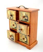 Dekoratív asztali tartó, 6 fiókkal, fa, kopásnyomokkal, 10,5×24×29 cm