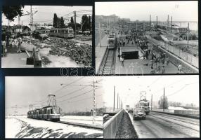 cca 1975 Budapesti villamosok tétele, 13 db vintage fotó különféle számú járatokról, 9x13 cm és 13x18 cm között