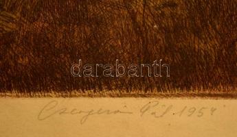 Csergezán Pál (1924-1996): Szarvasbőgés. Színezett rézkarc, papír, jelzett, 26×36  cm