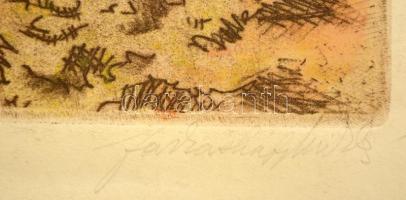 Farkasházy Miklós (1895-1964): Öregfa a Dunaparton. Színezett rézkarc, papír, 36×27 cm