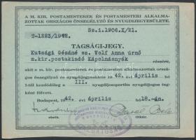1942 M. kir. postamesterek és postamesteri alkalmazottak országos önsegélyező és nyugdíjegyesületének tagsági jegye, 10x15 cm