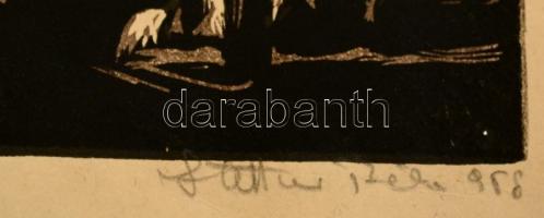 Stettner Béla (1928-1984): Disznóperzselés. Linó, papír, jelzett, 21×31 cm