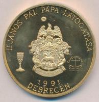 Bognár György (1944-) 1991. II, János Pál pápa látogatása - Debrecen aranyozott Br emlékérem tokban (65mm) T:2(PP) karc