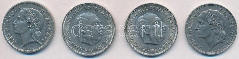 Vegyes: Franciaország 1933-1935. 5Fr Ni (2x) +  Spanyolország 1949. 5P Ni "Caudillo" (2x) T:2 Mixed: France 1933-1935. 5 Francs Ni (2x) + Spain 1949. 5 Peseta Ni "Caudillo" (2x) C:XF Krause KM#888, KM#778