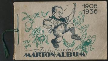 Márton Lajos (1891-1953): Jubileumi Márton-album 1906-1936. Litográfia-sorozat. Budapest, [1936], Szerzői kiadás. (Bp., Klösz Gy. és Fia.) Zsinórral fűzött, illusztrált papírborítóban. A művész aláírásával. A gerince ragasztott! / Jamboree album with 80 drawings of Lajos Márton