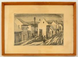 Ábrahám Rafael (1929-2014): Nagymarosi házak. Rézkarc, papír, jelzett, üvegezett keretben, 18×29 cm